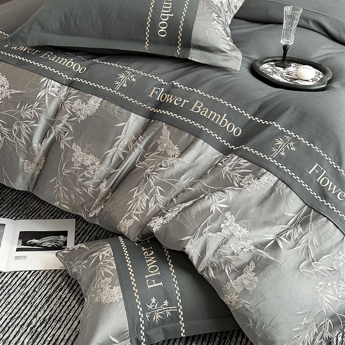 91家纺网 家纺一手货源 找家纺 富宁家纺 2026新款立体提花磨毛刺绣款四件套-花竹 花竹-风铃灰