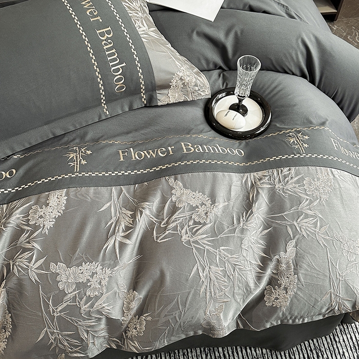 91家纺网 家纺一手货源 找家纺 富宁家纺 2026新款立体提花磨毛刺绣款四件套-花竹 花竹-风铃灰