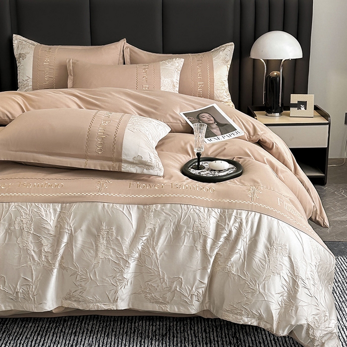 富宁家纺 2026新款立体提花磨毛刺绣款四件套-花竹 花竹-卡其棕