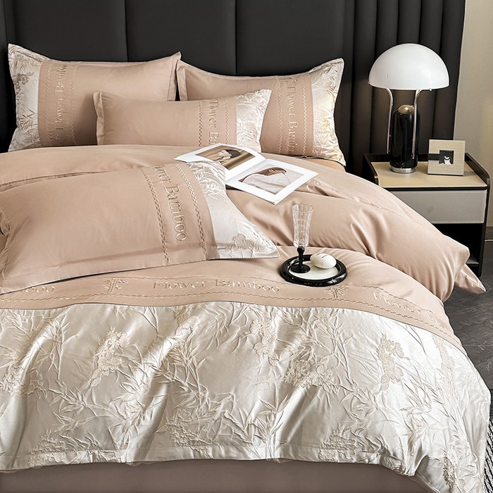 91家纺网 家纺一手货源 找家纺 富宁家纺 2026新款立体提花磨毛刺绣款四件套-花竹 花竹-卡其棕