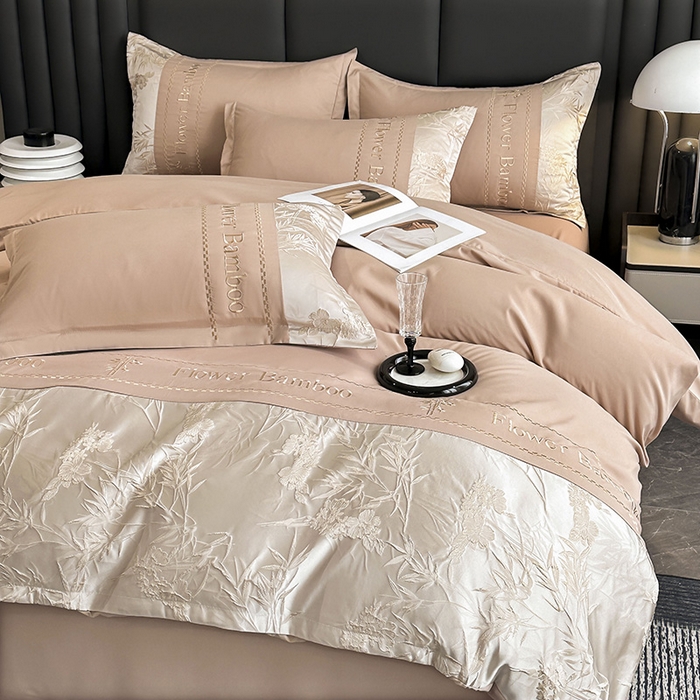 91家纺网 家纺一手货源 找家纺 富宁家纺 2026新款立体提花磨毛刺绣款四件套-花竹 花竹-卡其棕