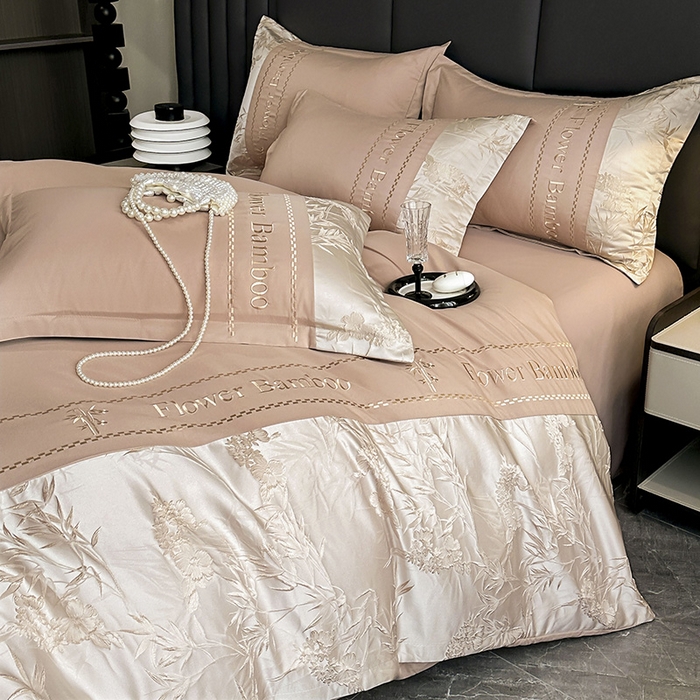 91家纺网 家纺一手货源 找家纺 富宁家纺 2026新款立体提花磨毛刺绣款四件套-花竹 花竹-卡其棕