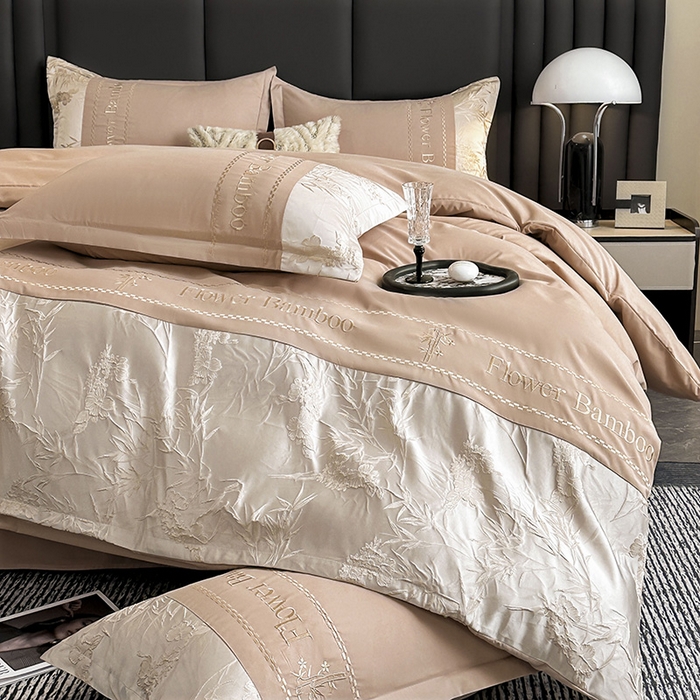 91家纺网 家纺一手货源 找家纺 富宁家纺 2026新款立体提花磨毛刺绣款四件套-花竹 花竹-卡其棕