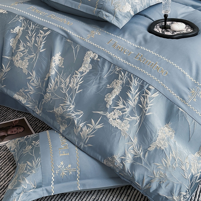 91家纺网 家纺一手货源 找家纺 富宁家纺 2026新款立体提花磨毛刺绣款四件套-花竹 花竹-月光蓝