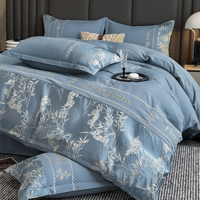 91家纺网 家纺一手货源 找家纺 富宁家纺 2026新款立体提花磨毛刺绣款四件套-花竹 花竹-月光蓝