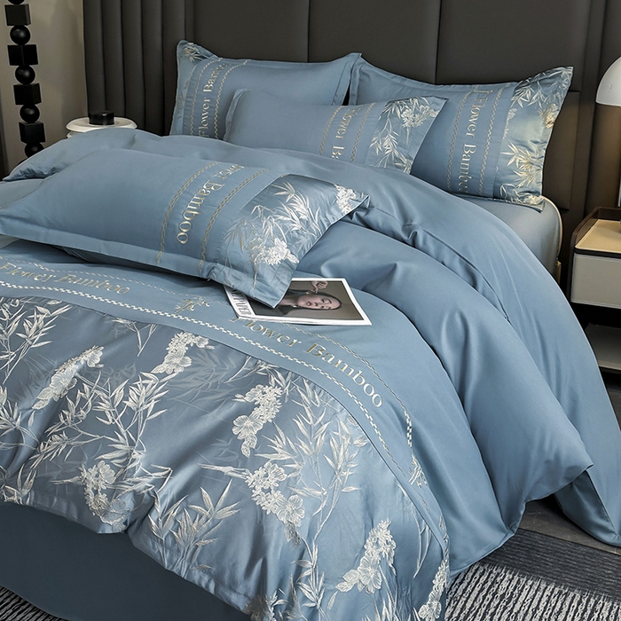 91家纺网 家纺一手货源 找家纺 富宁家纺 2026新款立体提花磨毛刺绣款四件套-花竹 花竹-月光蓝