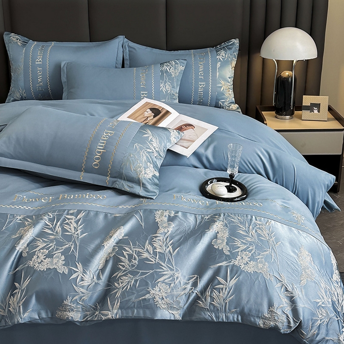 91家纺网 家纺一手货源 找家纺 富宁家纺 2026新款立体提花磨毛刺绣款四件套-花竹 花竹-月光蓝