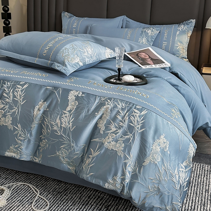 91家纺网 家纺一手货源 找家纺 富宁家纺 2026新款立体提花磨毛刺绣款四件套-花竹 花竹-月光蓝