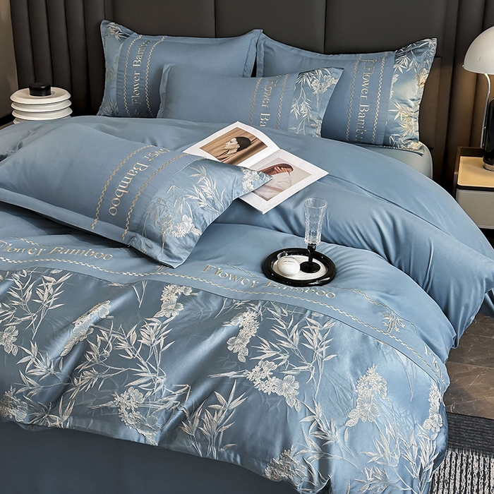 91家纺网 家纺一手货源 找家纺 富宁家纺 2026新款立体提花磨毛刺绣款四件套-花竹 花竹-月光蓝