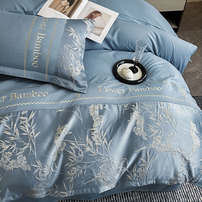 91家纺网 家纺一手货源 找家纺 富宁家纺 2026新款立体提花磨毛刺绣款四件套-花竹 花竹-月光蓝