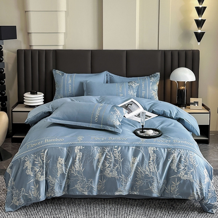 91家纺网 家纺一手货源 找家纺 富宁家纺 2026新款立体提花磨毛刺绣款四件套-花竹 花竹-月光蓝