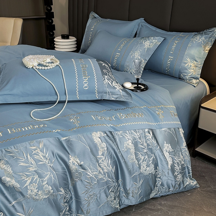 91家纺网 家纺一手货源 找家纺 富宁家纺 2026新款立体提花磨毛刺绣款四件套-花竹 花竹-月光蓝