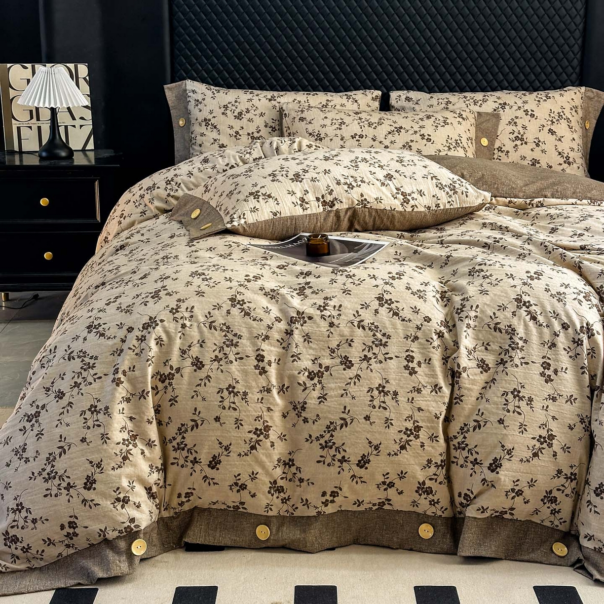 91家纺网 家纺一手货源 找家纺 晚爱家纺（原晚安家居） 2026新款加厚双层纱原麻纽扣款四件套 茶里