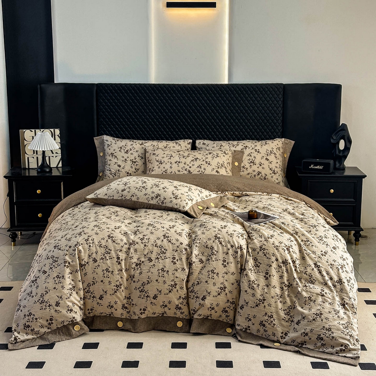 91家纺网 家纺一手货源 找家纺 晚爱家纺（原晚安家居） 2026新款加厚双层纱原麻纽扣款四件套 茶里