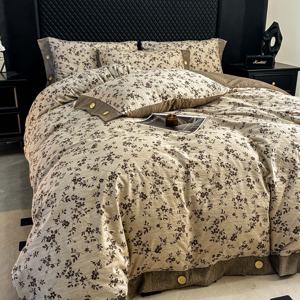 91家纺网 家纺一手货源 找家纺 晚爱家纺（原晚安家居） 2026新款加厚双层纱原麻纽扣款四件套 茶里