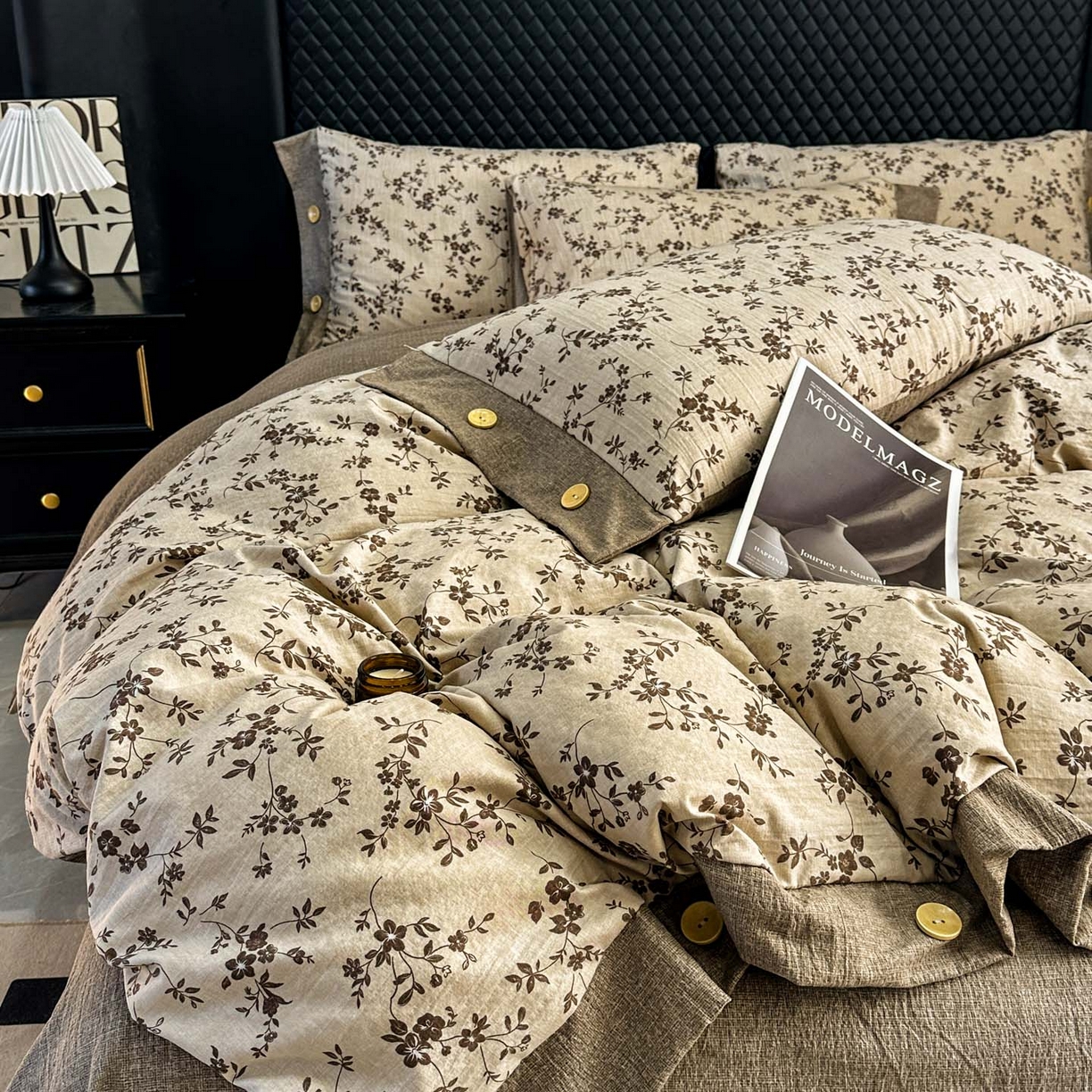 91家纺网 家纺一手货源 找家纺 晚爱家纺（原晚安家居） 2026新款加厚双层纱原麻纽扣款四件套 茶里