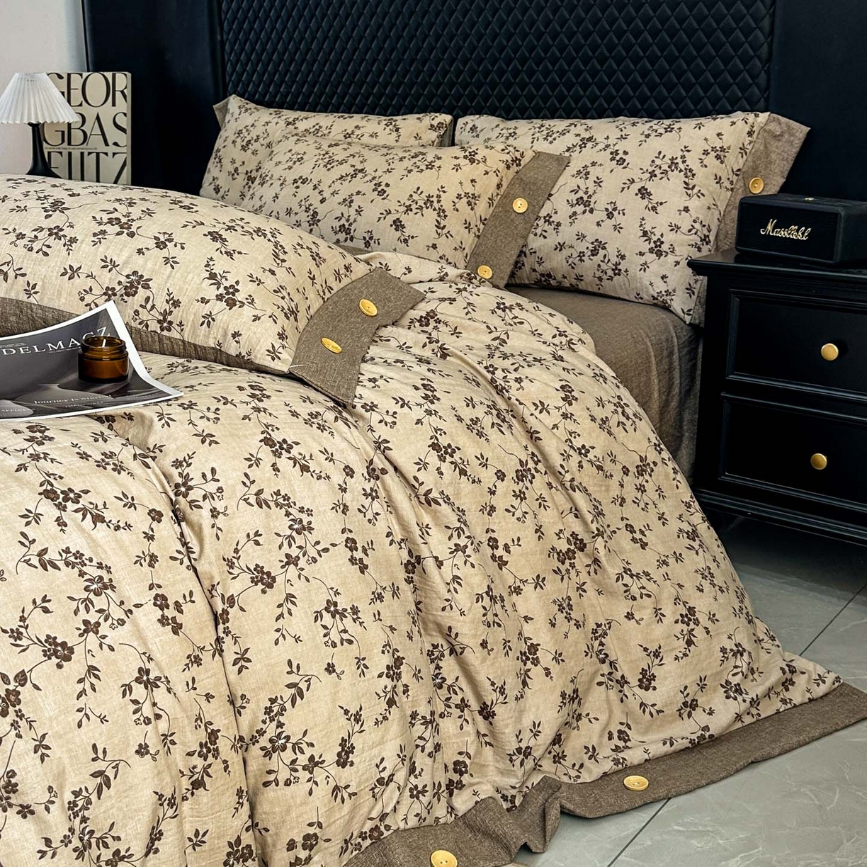 91家纺网 家纺一手货源 找家纺 晚爱家纺（原晚安家居） 2026新款加厚双层纱原麻纽扣款四件套 茶里