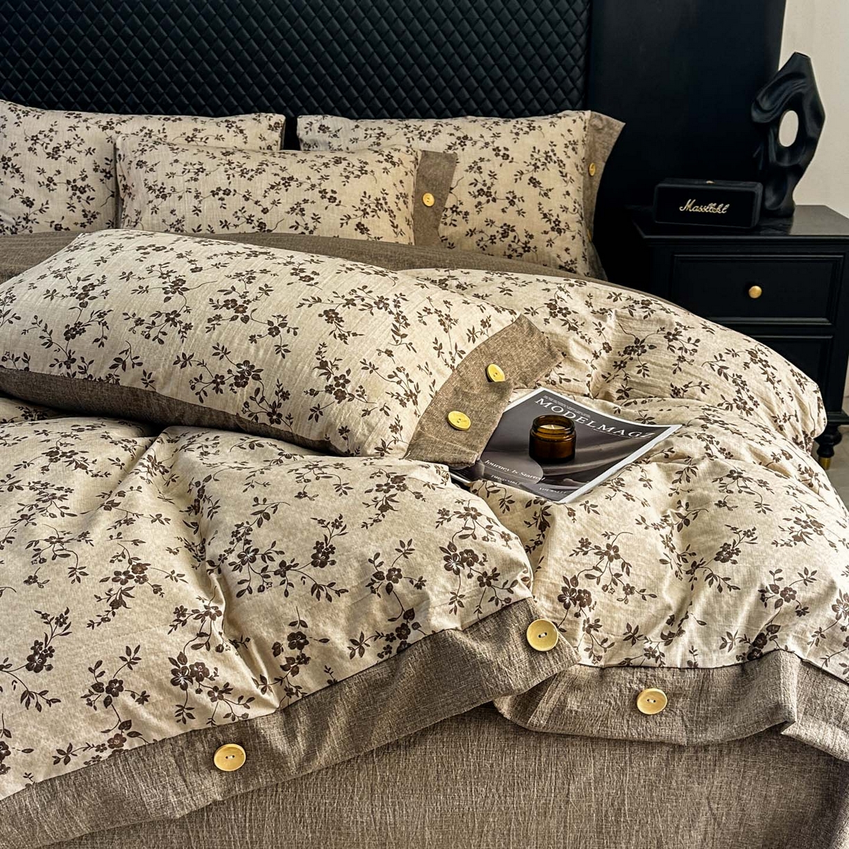 91家纺网 家纺一手货源 找家纺 晚爱家纺（原晚安家居） 2026新款加厚双层纱原麻纽扣款四件套 茶里