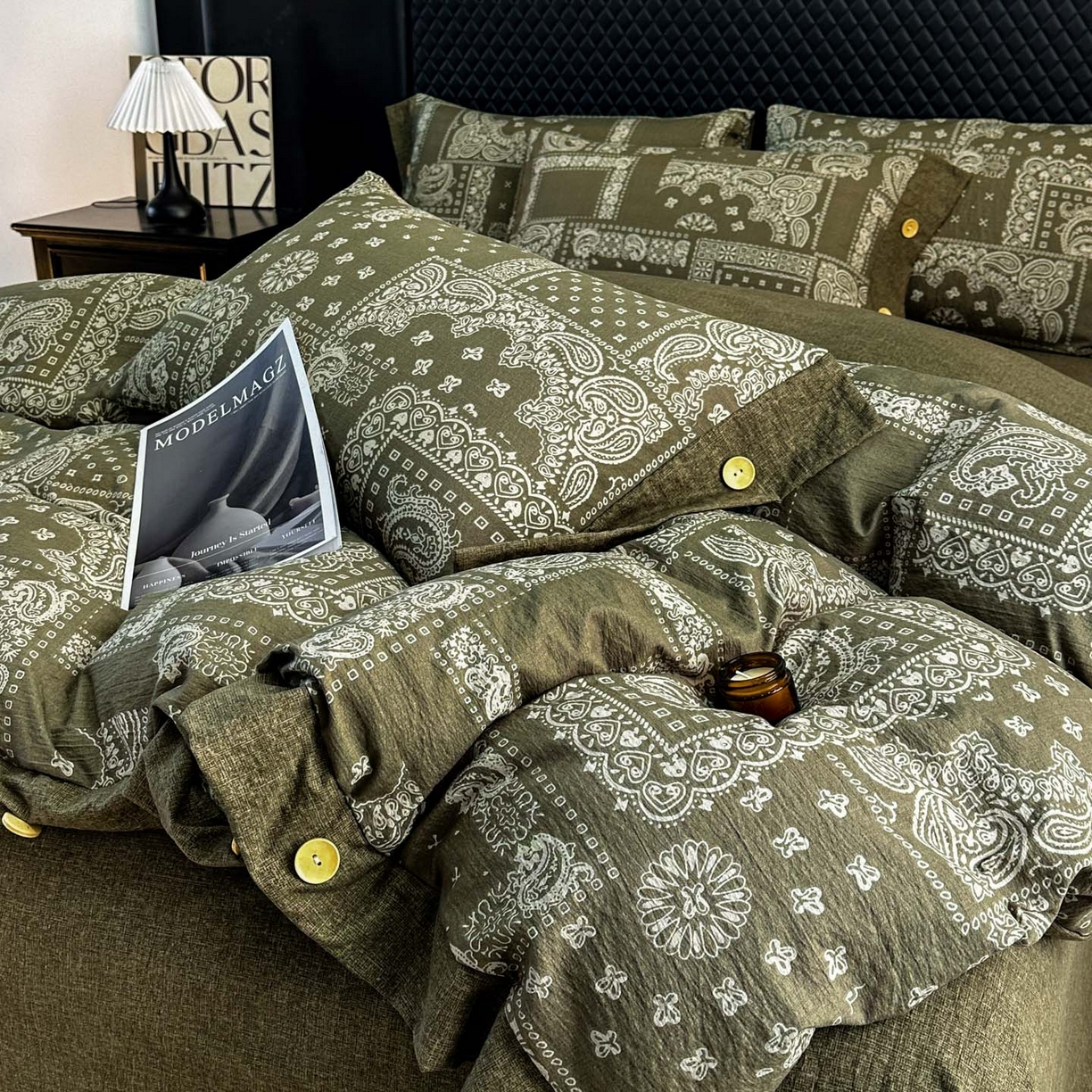 晚爱家纺（原晚安家居） 2026新款加厚双层纱原麻纽扣款四件套 复古绿