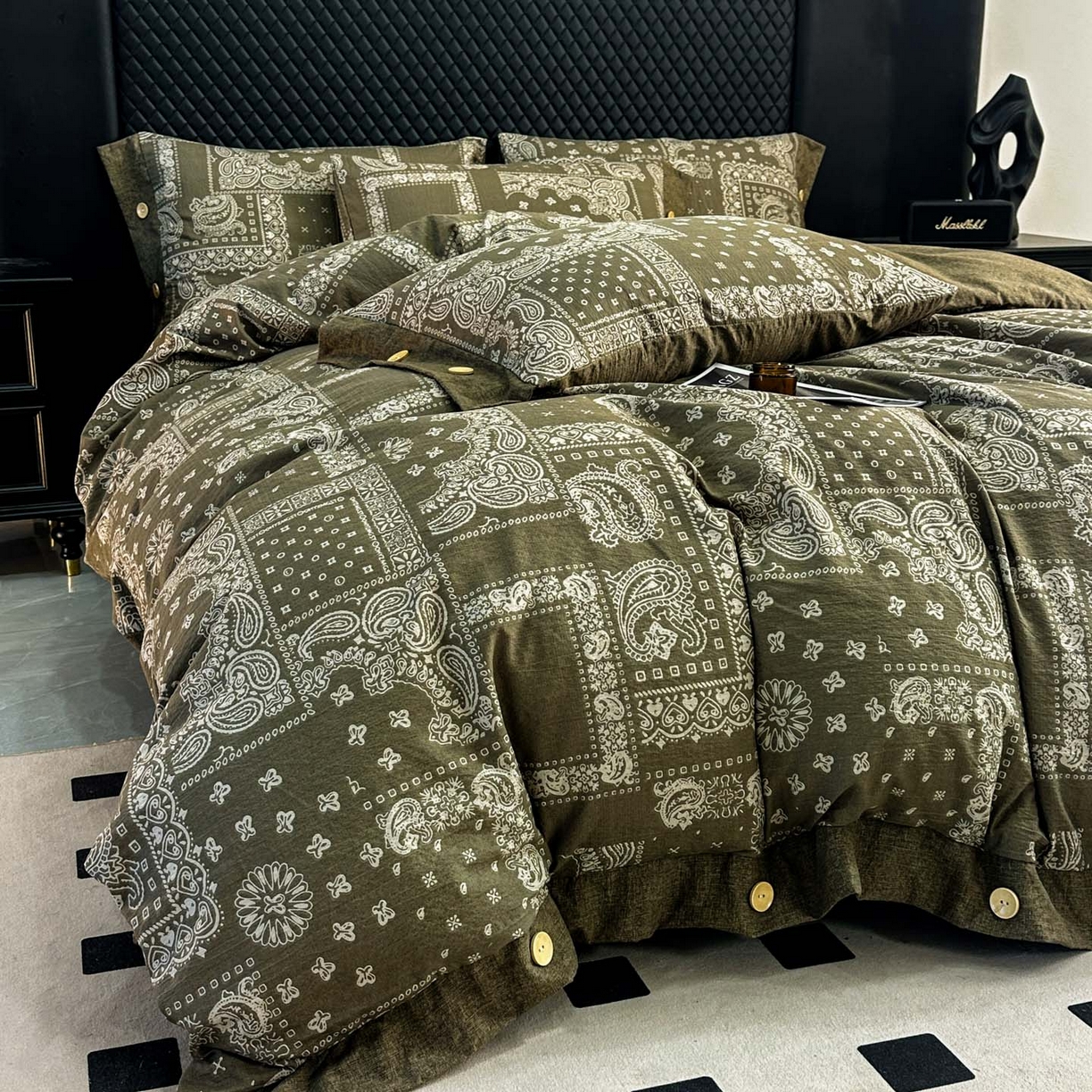 91家纺网 家纺一手货源 找家纺 晚爱家纺（原晚安家居） 2026新款加厚双层纱原麻纽扣款四件套 复古绿