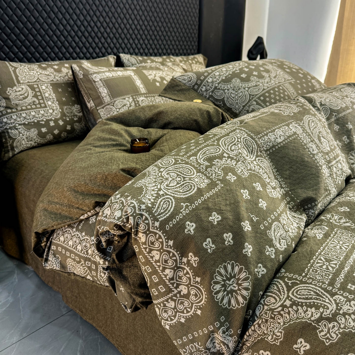 91家纺网 家纺一手货源 找家纺 晚爱家纺（原晚安家居） 2026新款加厚双层纱原麻纽扣款四件套 复古绿