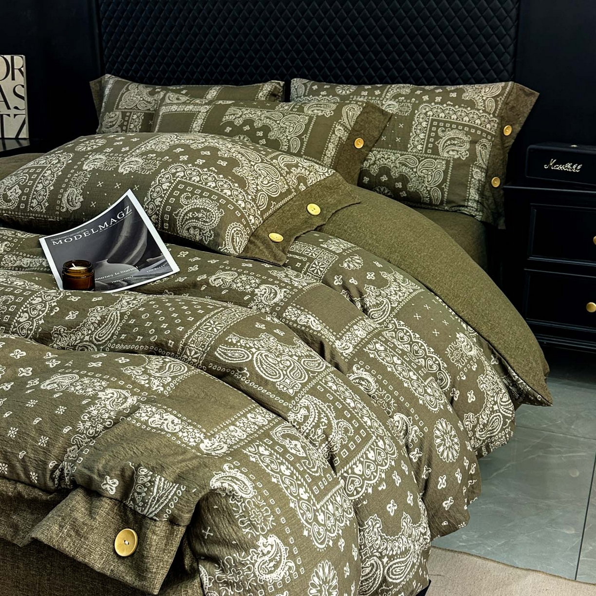 91家纺网 家纺一手货源 找家纺 晚爱家纺（原晚安家居） 2026新款加厚双层纱原麻纽扣款四件套 复古绿