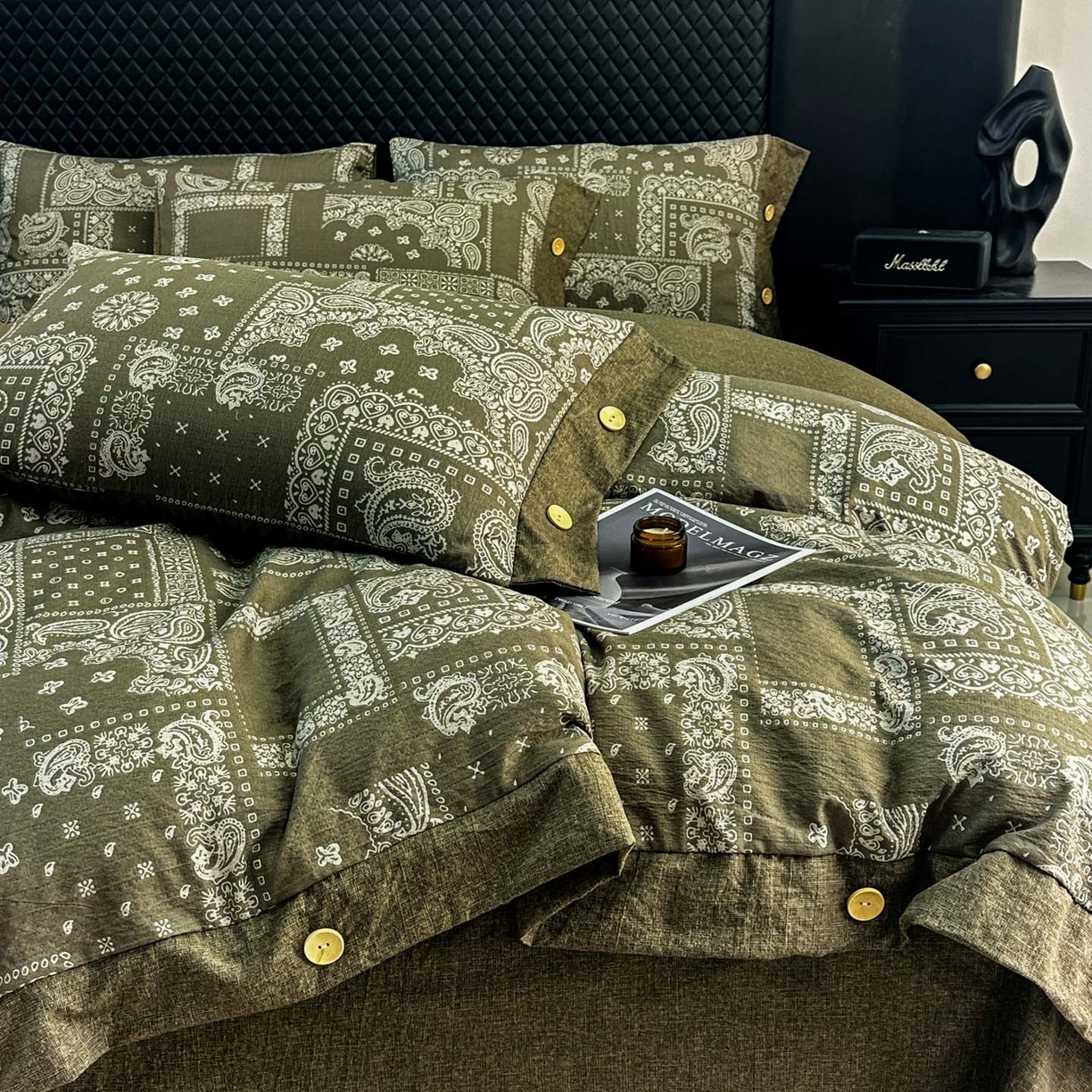 91家纺网 家纺一手货源 找家纺 晚爱家纺（原晚安家居） 2026新款加厚双层纱原麻纽扣款四件套 复古绿