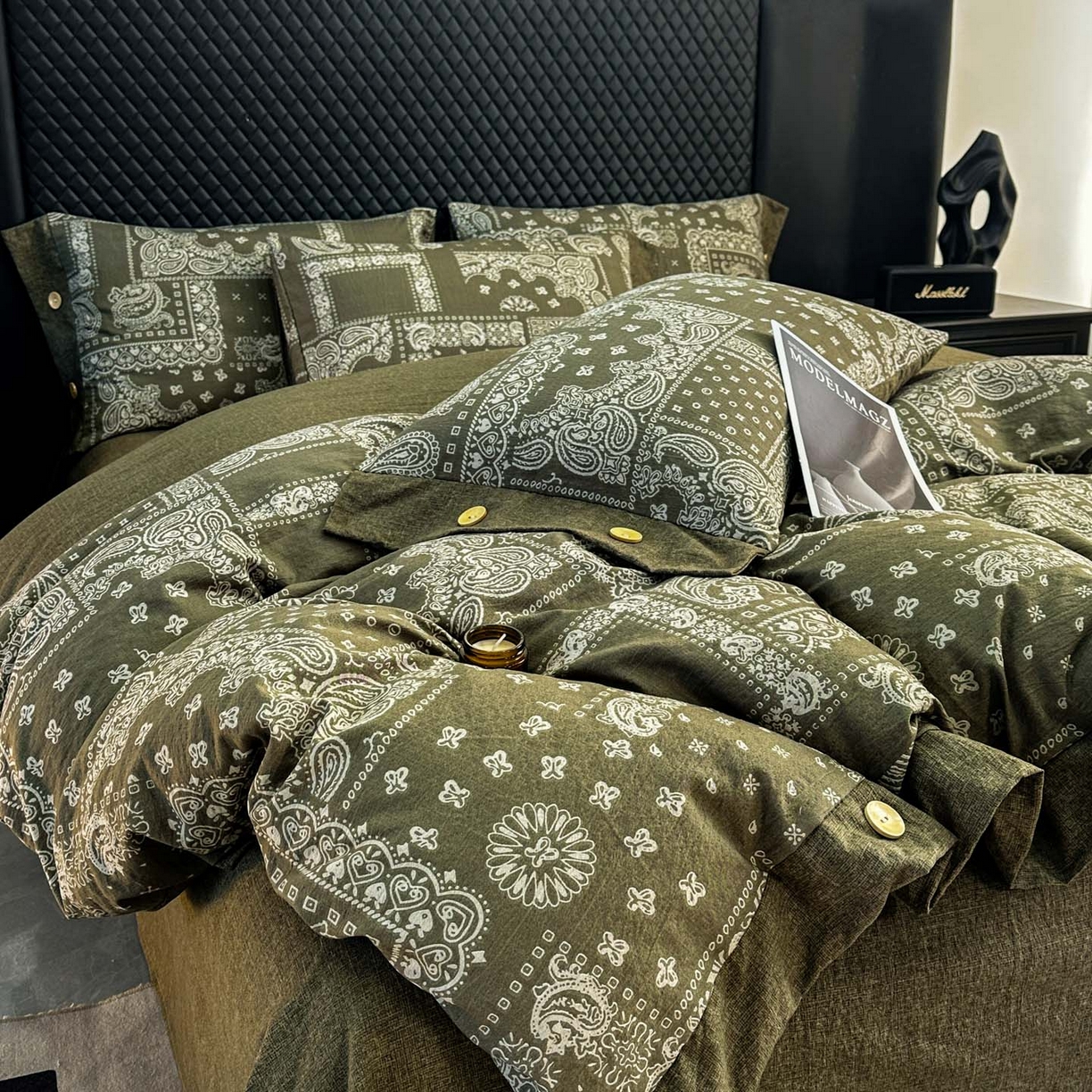 91家纺网 家纺一手货源 找家纺 晚爱家纺（原晚安家居） 2026新款加厚双层纱原麻纽扣款四件套 复古绿