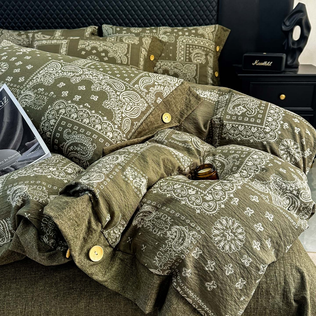 91家纺网 家纺一手货源 找家纺 晚爱家纺（原晚安家居） 2026新款加厚双层纱原麻纽扣款四件套 复古绿