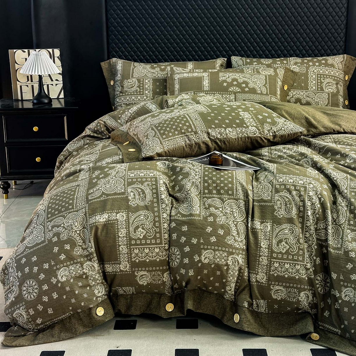 91家纺网 家纺一手货源 找家纺 晚爱家纺（原晚安家居） 2026新款加厚双层纱原麻纽扣款四件套 复古绿