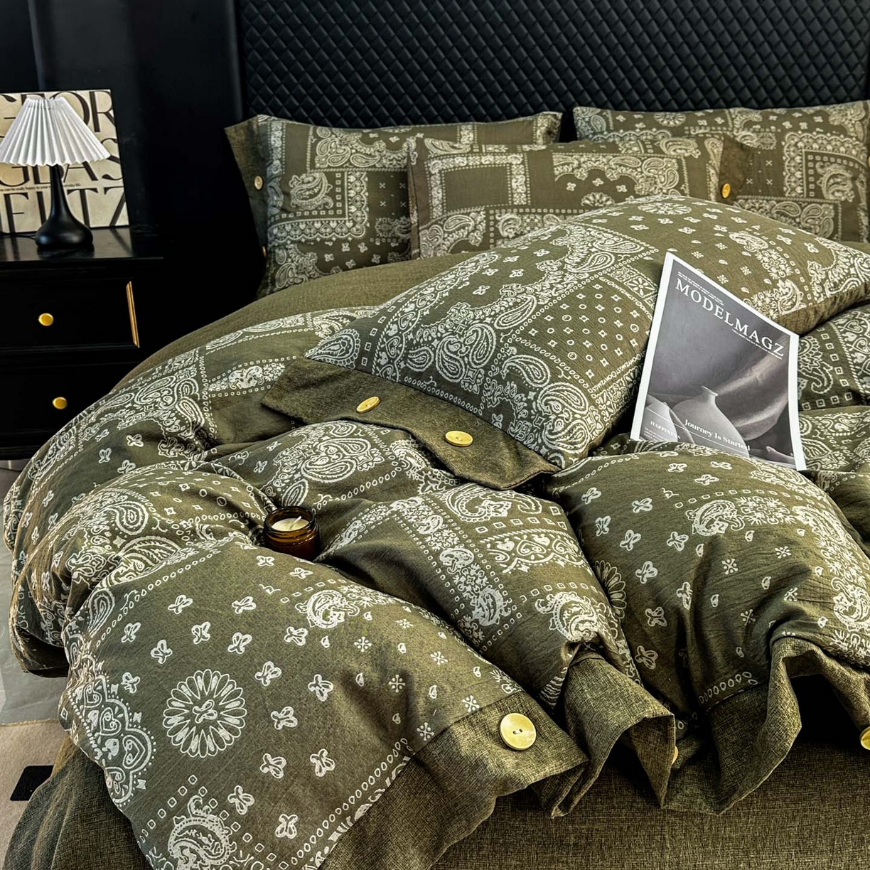 91家纺网 家纺一手货源 找家纺 晚爱家纺（原晚安家居） 2026新款加厚双层纱原麻纽扣款四件套 复古绿