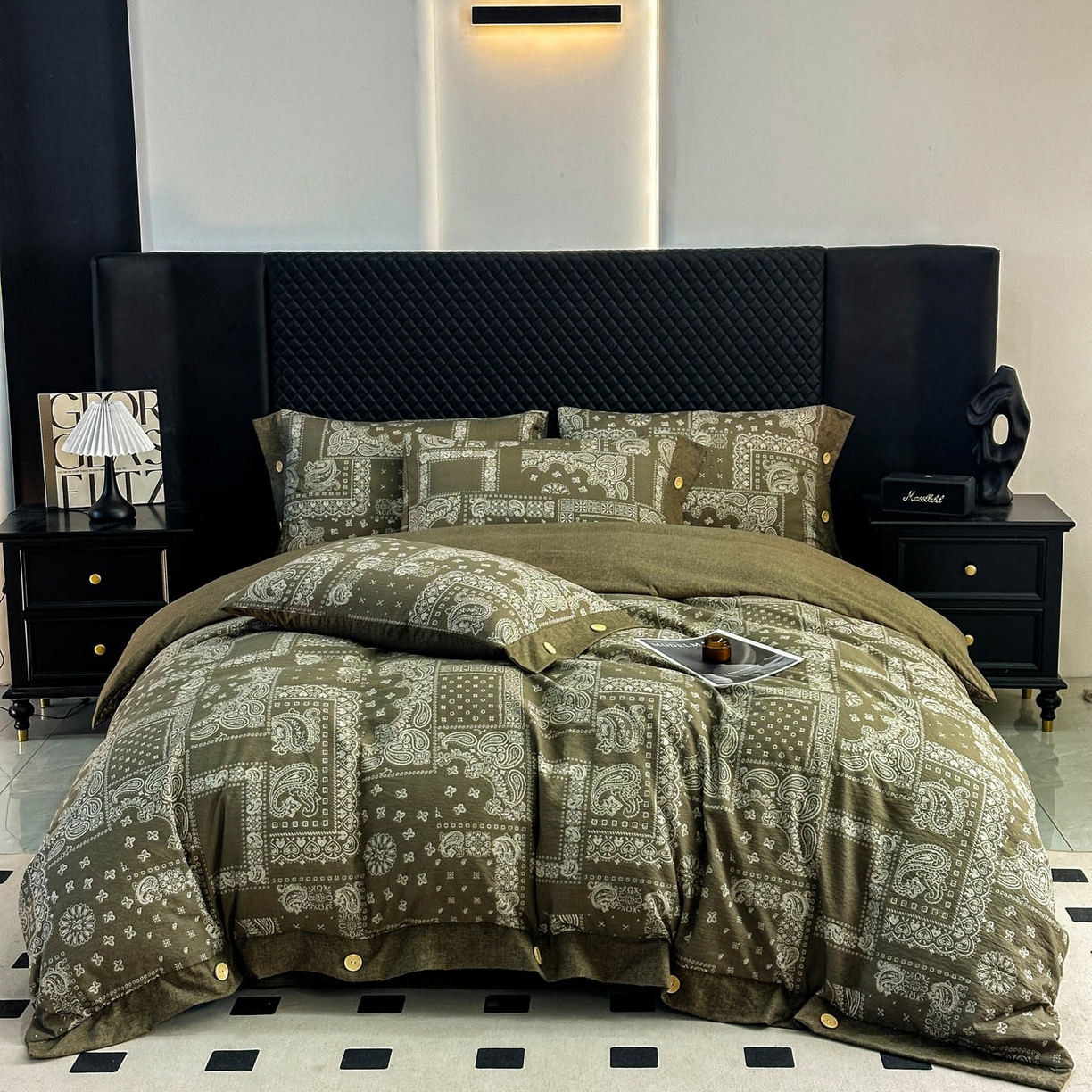 91家纺网 家纺一手货源 找家纺 晚爱家纺（原晚安家居） 2026新款加厚双层纱原麻纽扣款四件套 复古绿