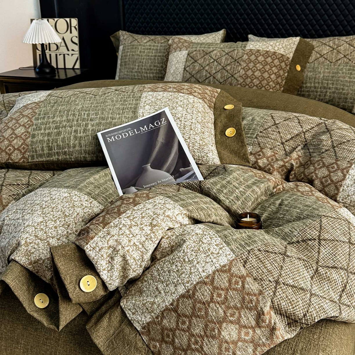 晚爱家纺（原晚安家居） 2026新款加厚双层纱原麻纽扣款四件套 复古绿格