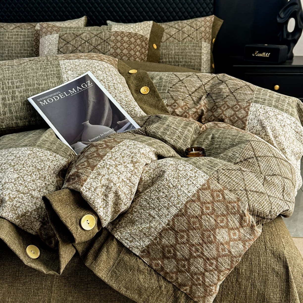 91家纺网 家纺一手货源 找家纺 晚爱家纺（原晚安家居） 2026新款加厚双层纱原麻纽扣款四件套 复古绿格