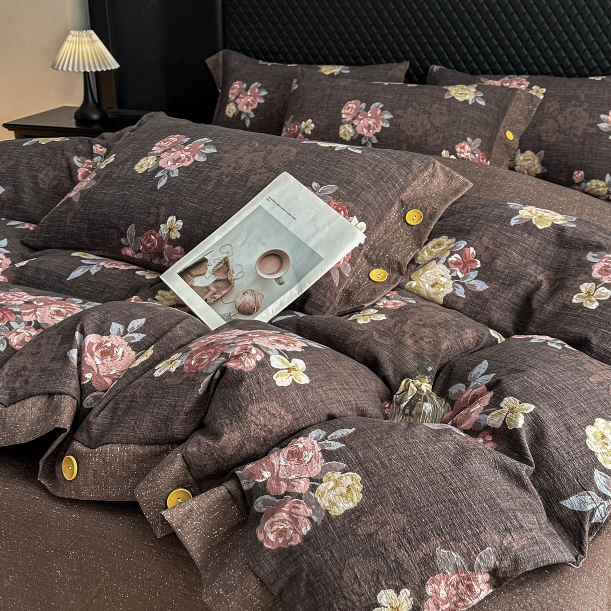 晚爱家纺（原晚安家居） 2026新款加厚双层纱原麻纽扣款四件套 花开富贵