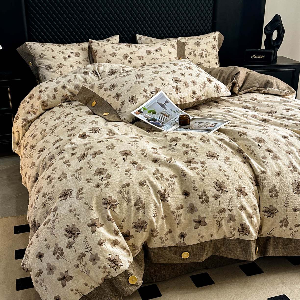 91家纺网 家纺一手货源 找家纺 晚爱家纺（原晚安家居） 2026新款加厚双层纱原麻纽扣款四件套 花溪棕