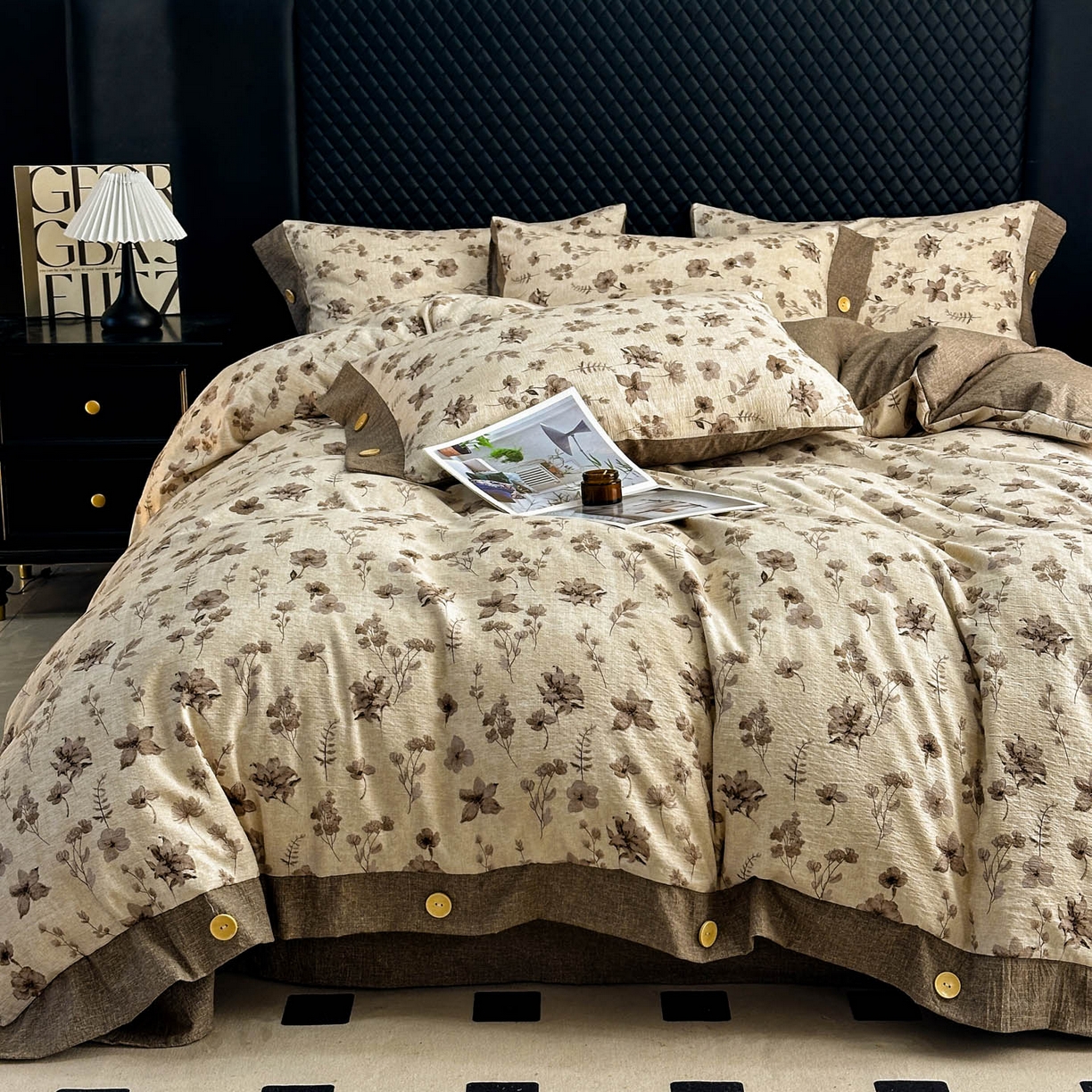 91家纺网 家纺一手货源 找家纺 晚爱家纺（原晚安家居） 2026新款加厚双层纱原麻纽扣款四件套 花溪棕