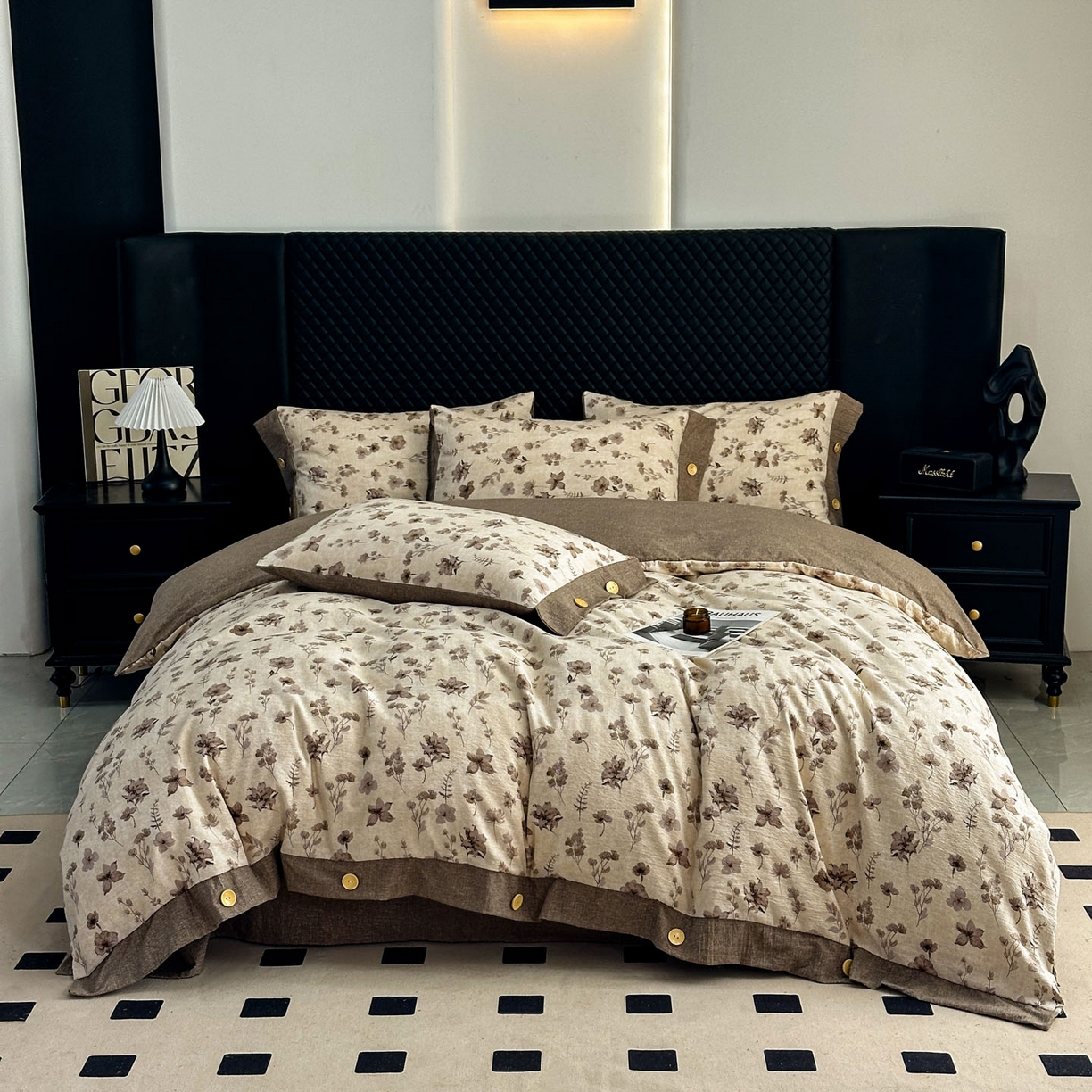 91家纺网 家纺一手货源 找家纺 晚爱家纺（原晚安家居） 2026新款加厚双层纱原麻纽扣款四件套 花溪棕