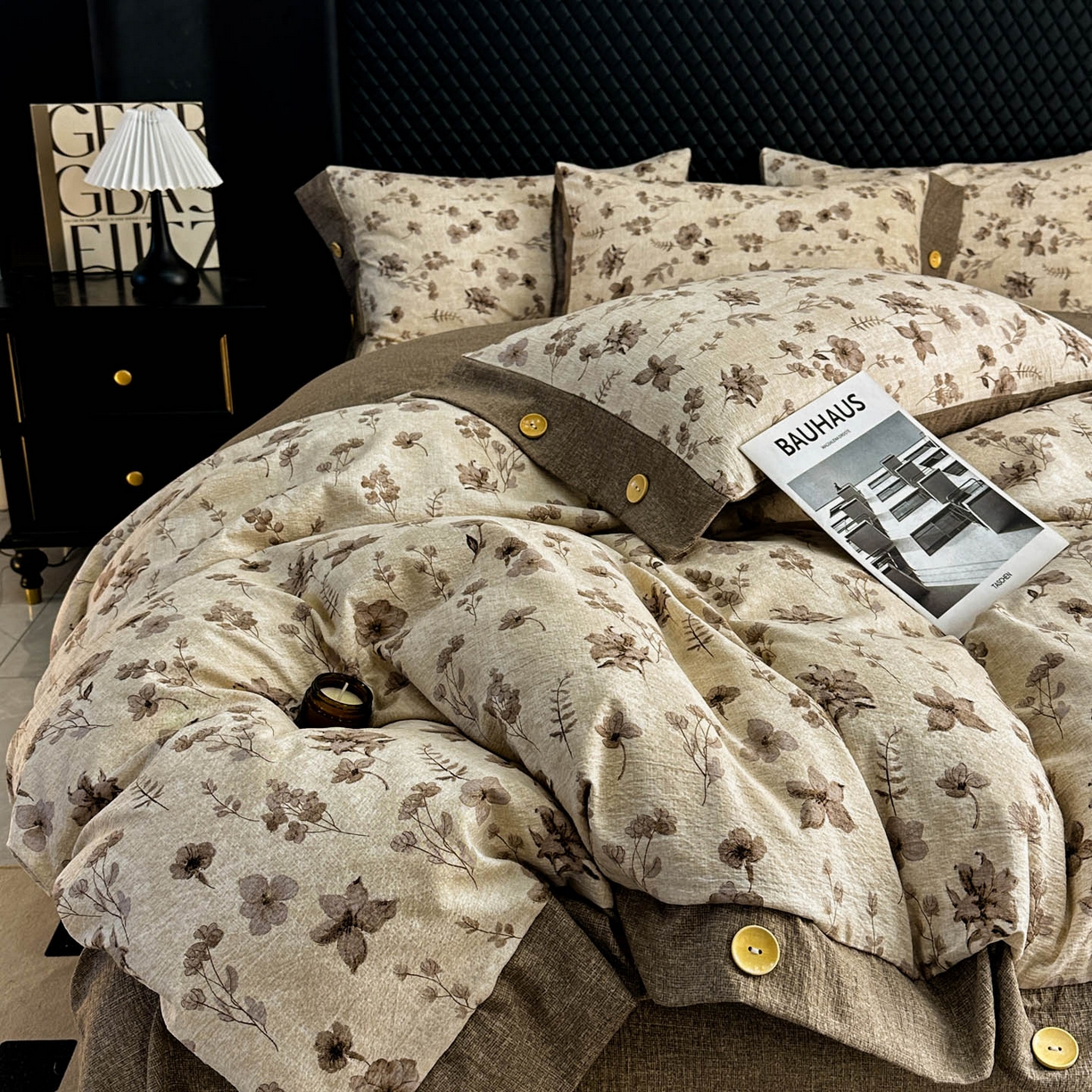 91家纺网 家纺一手货源 找家纺 晚爱家纺（原晚安家居） 2026新款加厚双层纱原麻纽扣款四件套 花溪棕