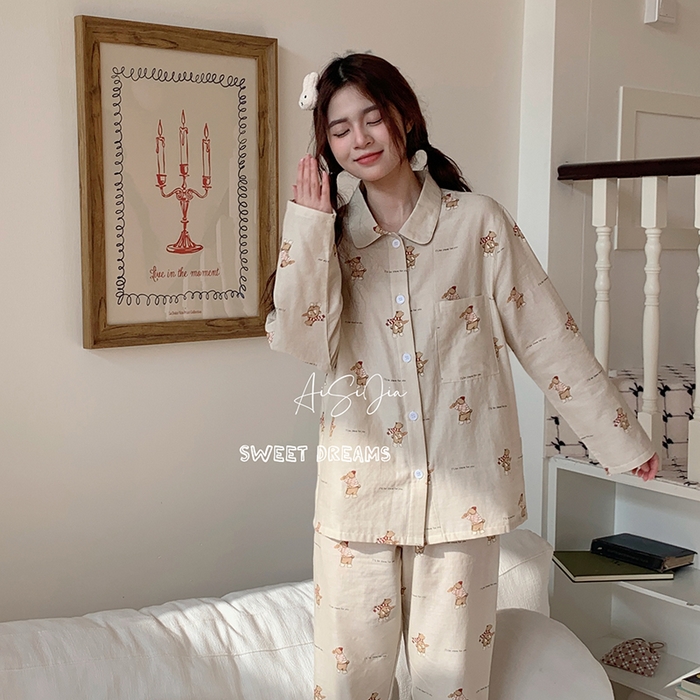 91家纺网 家纺一手货源 找家纺 （总）爱思佳 2026新款全棉双层纱长袖长裤睡衣