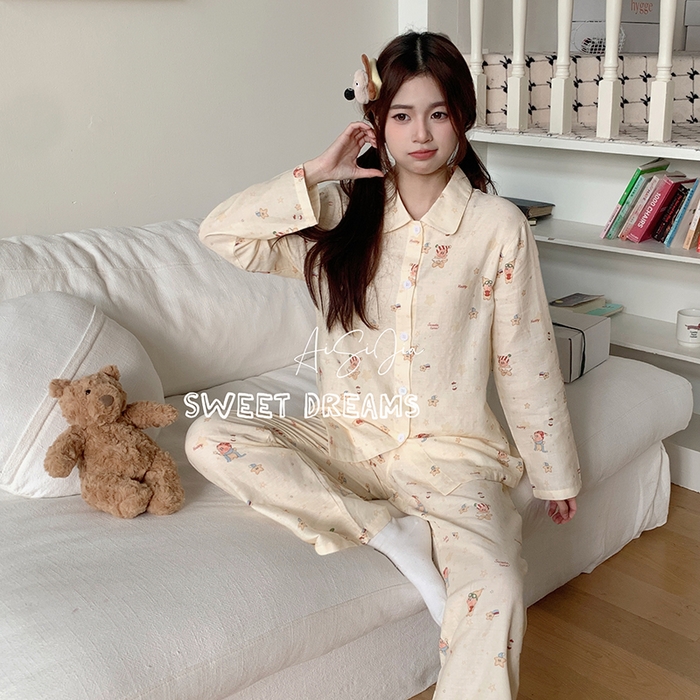 91家纺网 家纺一手货源 找家纺 （总）爱思佳 2026新款全棉双层纱长袖长裤睡衣