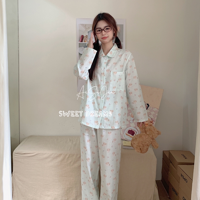 91家纺网 家纺一手货源 找家纺 爱思佳 2026新款全棉双层纱长袖长裤睡衣 可爱小象