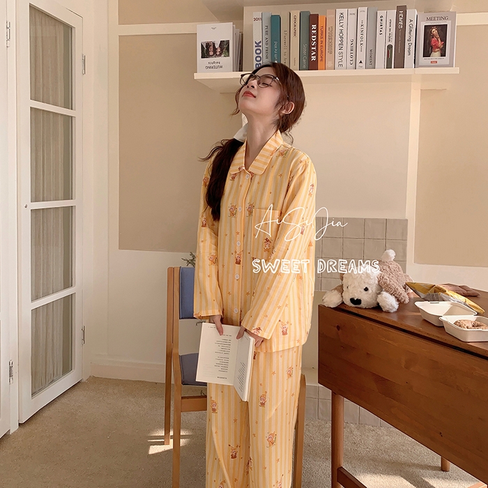 91家纺网 家纺一手货源 找家纺 爱思佳 2026新款全棉双层纱长袖长裤睡衣 条纹星仔