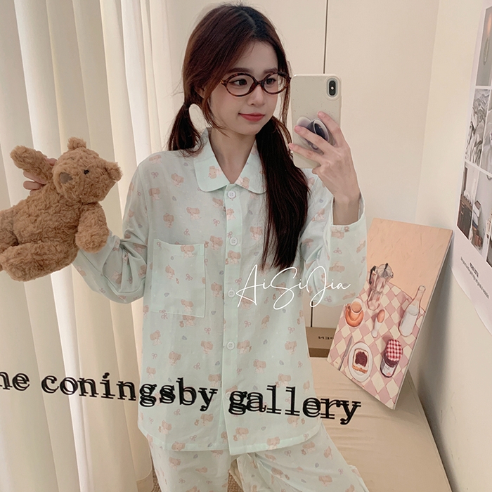 91家纺网 家纺一手货源 找家纺 爱思佳 2026新款全棉双层纱长袖长裤睡衣 可爱小象