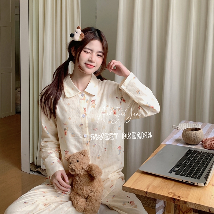 91家纺网 家纺一手货源 找家纺 爱思佳 2026新款全棉双层纱长袖长裤睡衣 星星世界