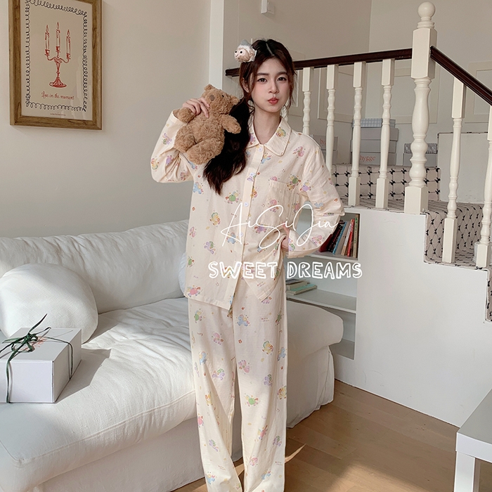 91家纺网 家纺一手货源 找家纺 爱思佳 2026新款全棉双层纱长袖长裤睡衣 星光小马