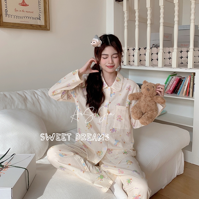 爱思佳 2026新款全棉双层纱长袖长裤睡衣 星光小马