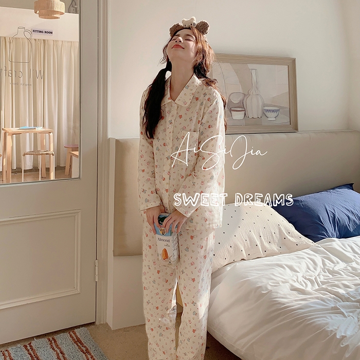 91家纺网 家纺一手货源 找家纺 爱思佳 2026新款全棉双层纱长袖长裤睡衣 小熊乐园