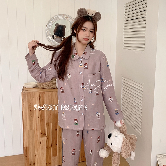 91家纺网 家纺一手货源 找家纺 爱思佳 2026新款全棉双层纱长袖长裤睡衣 眼镜家族