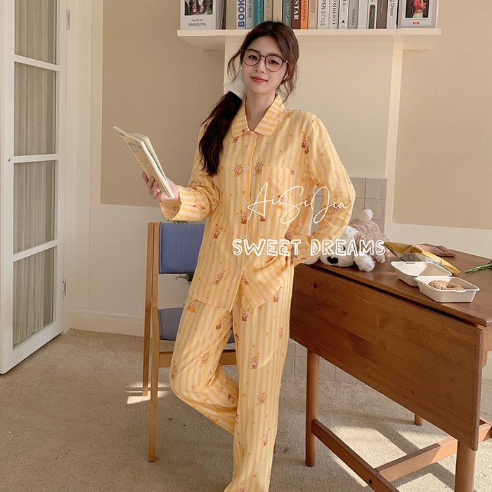 91家纺网 家纺一手货源 找家纺 爱思佳 2026新款全棉双层纱长袖长裤睡衣 条纹星仔